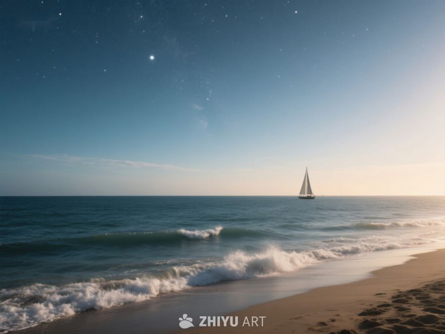 夜幕下的帆船与海滩 427