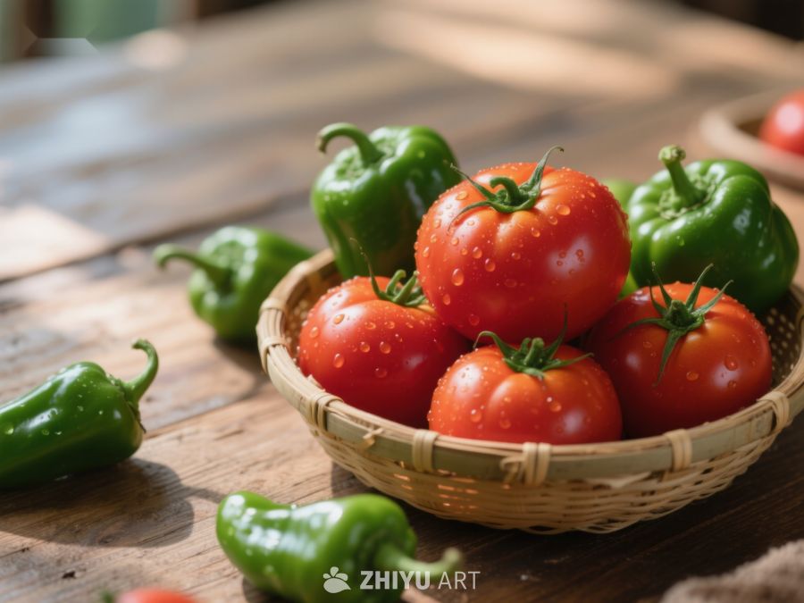 新鲜番茄与青椒置于竹篮中 428