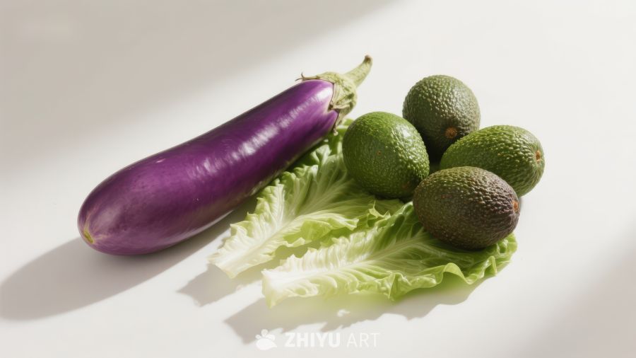 茄子牛油果与生菜静物