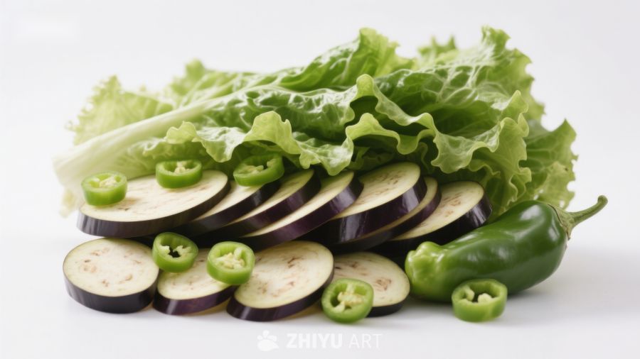 切片茄子与青椒生菜组合