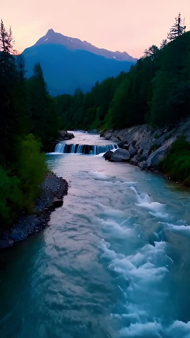 一条平静的山间河流，水流缓慢而平稳，周围环绕着茂盛