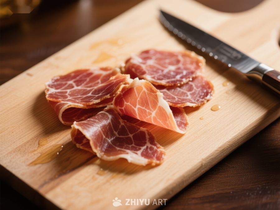 切片风干肉置于木制砧板上 847