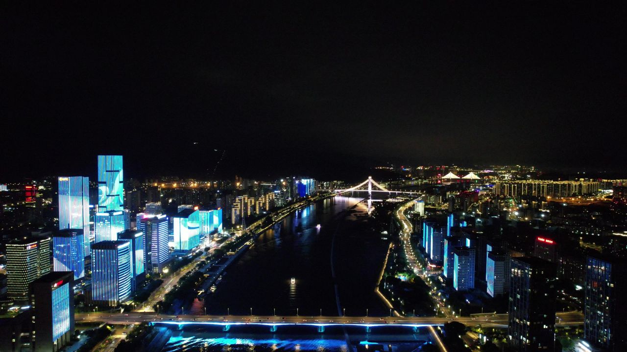 福建福州闽江两岸夜景航拍 