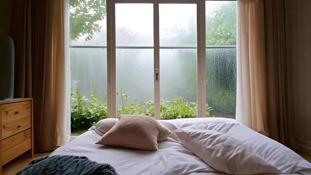 房间内，一张床上铺着白色床单，上面有多个枕头。一个