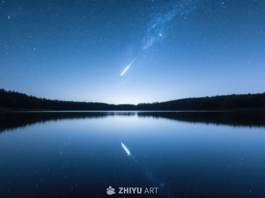 夜空流星划过平静湖面 274