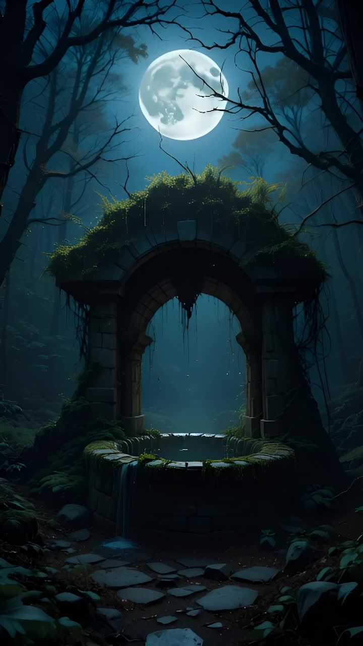一个满月悬挂在夜空中，周围是树木。一个石头结构的井
