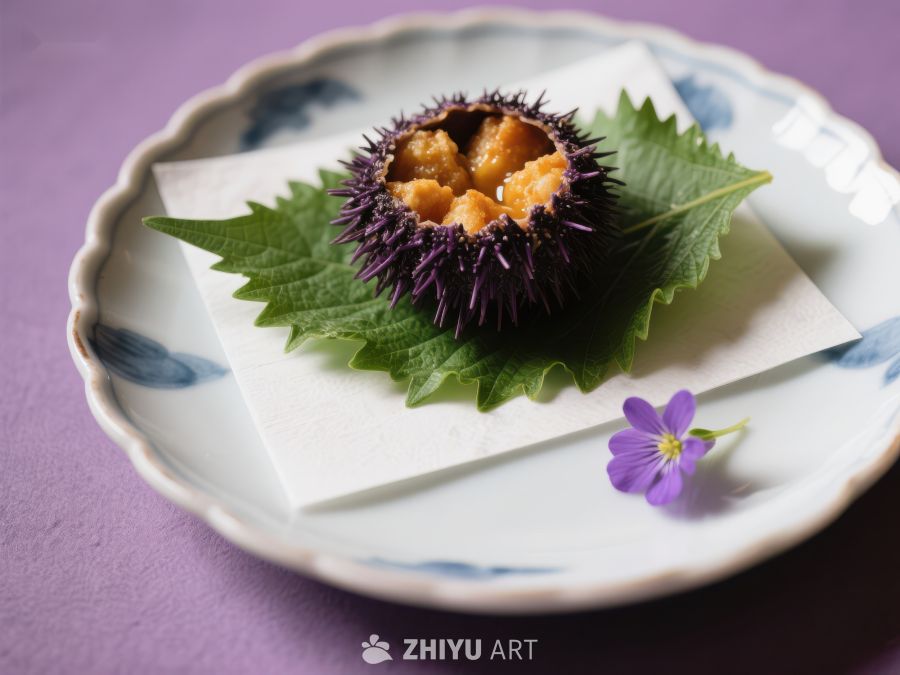 海胆刺身配绿叶与紫花 23