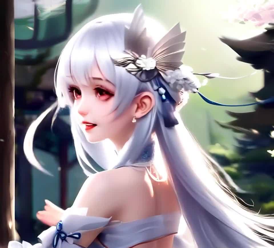 银发红瞳的精致少女，微笑回眸，唯美写真