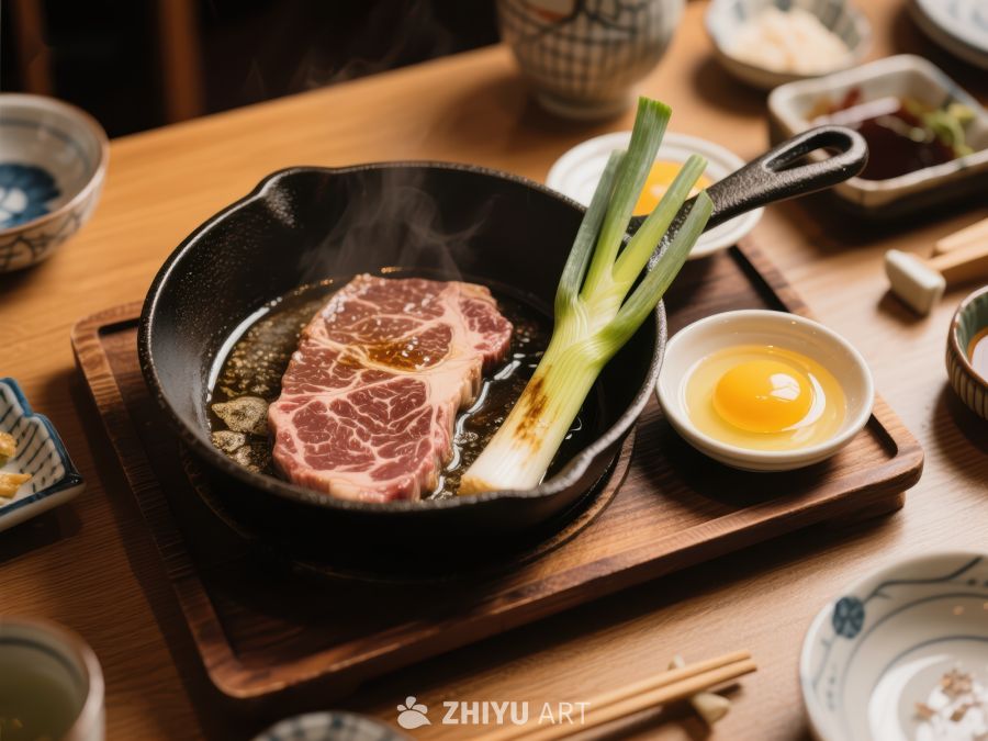 铁锅煎制的牛肉配葱与生蛋 708