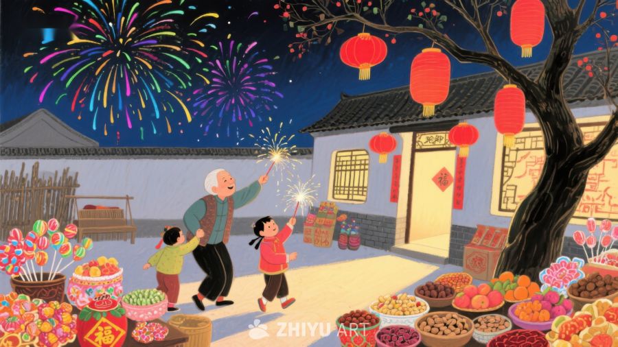 春节夜景：家人共庆，烟花绽放 136
