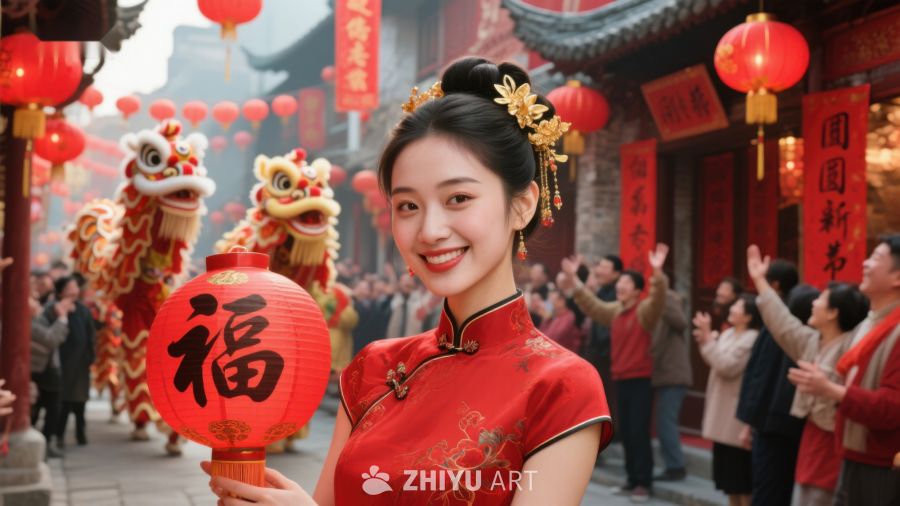 女子手持红灯笼庆祝节日 743