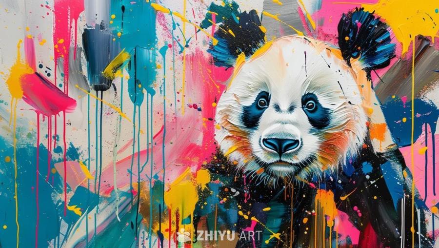 一只熊猫的抽象画，混合了杰克逊·波洛克的混乱滴溅和