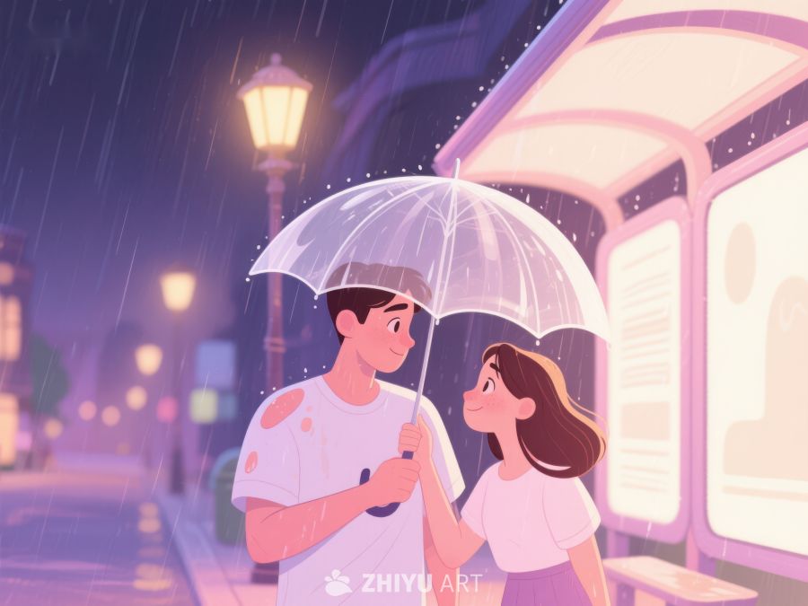 雨夜街头，伞下情侣温馨相伴 1124