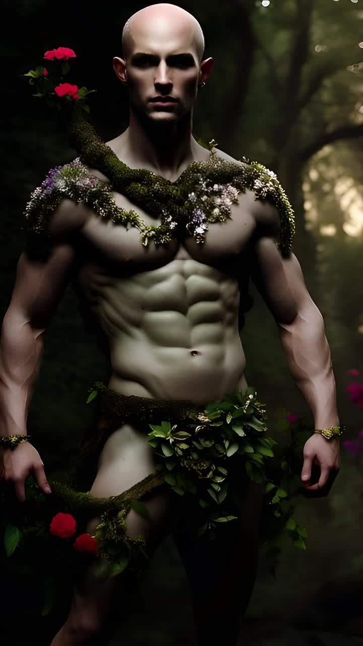 森林深处，一个肌肉发达的男子赤裸上身，身上覆盖着藤