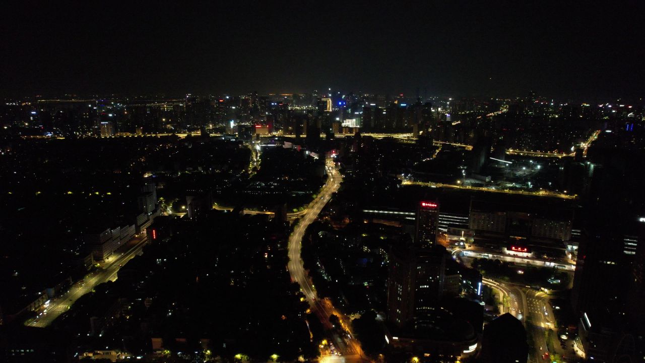 浙江杭州城市夜景灯光交通车两行驶航拍 