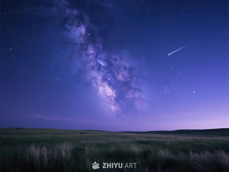 银河横跨夜空，流星划过草原 529