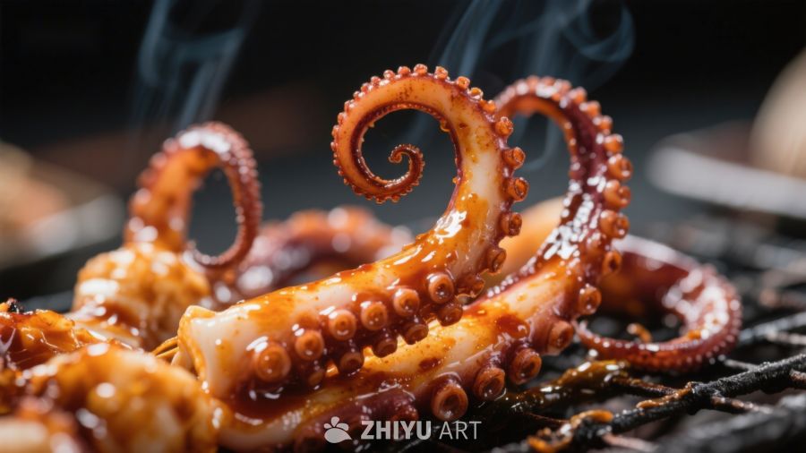烤制中的鲜嫩章鱼触角