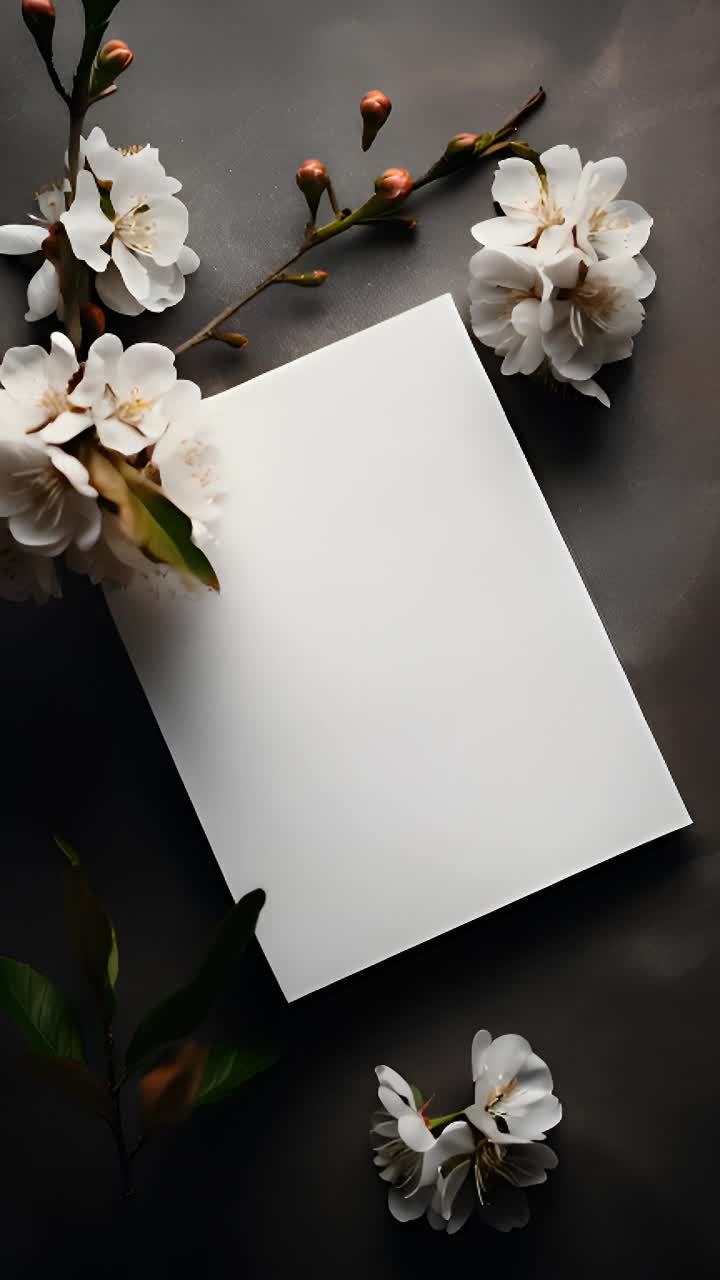 一张白纸放置在深色背景上，纸张周围散落着白色花朵和