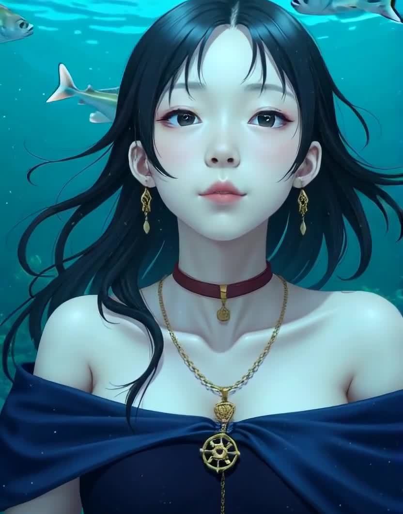 水中黑发少女，佩戴金饰，鱼群环绕，凝视前方