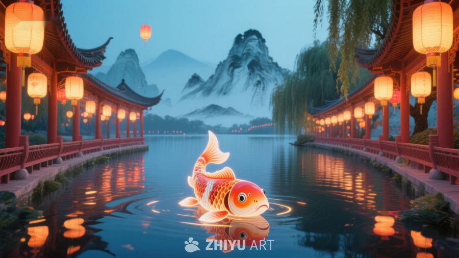 湖畔锦鲤跃水，古建筑映灯影 110