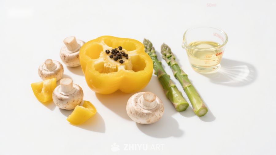 新鲜蔬菜与调料摆拍