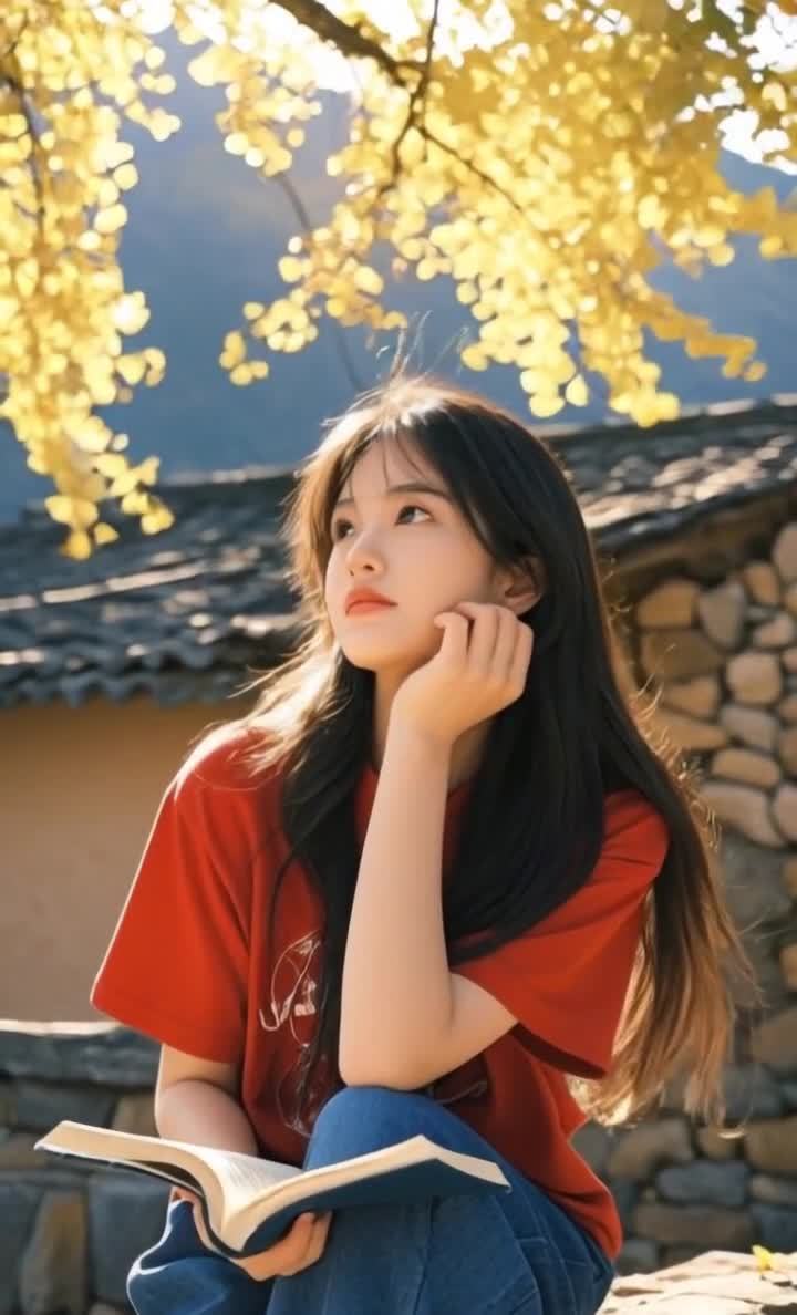 一位长发女孩坐在户外，头枕在手腕上，目光看向远处。