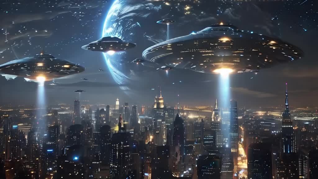 夜空中，多个飞碟悬浮在城市上方。这些飞碟底部发出蓝