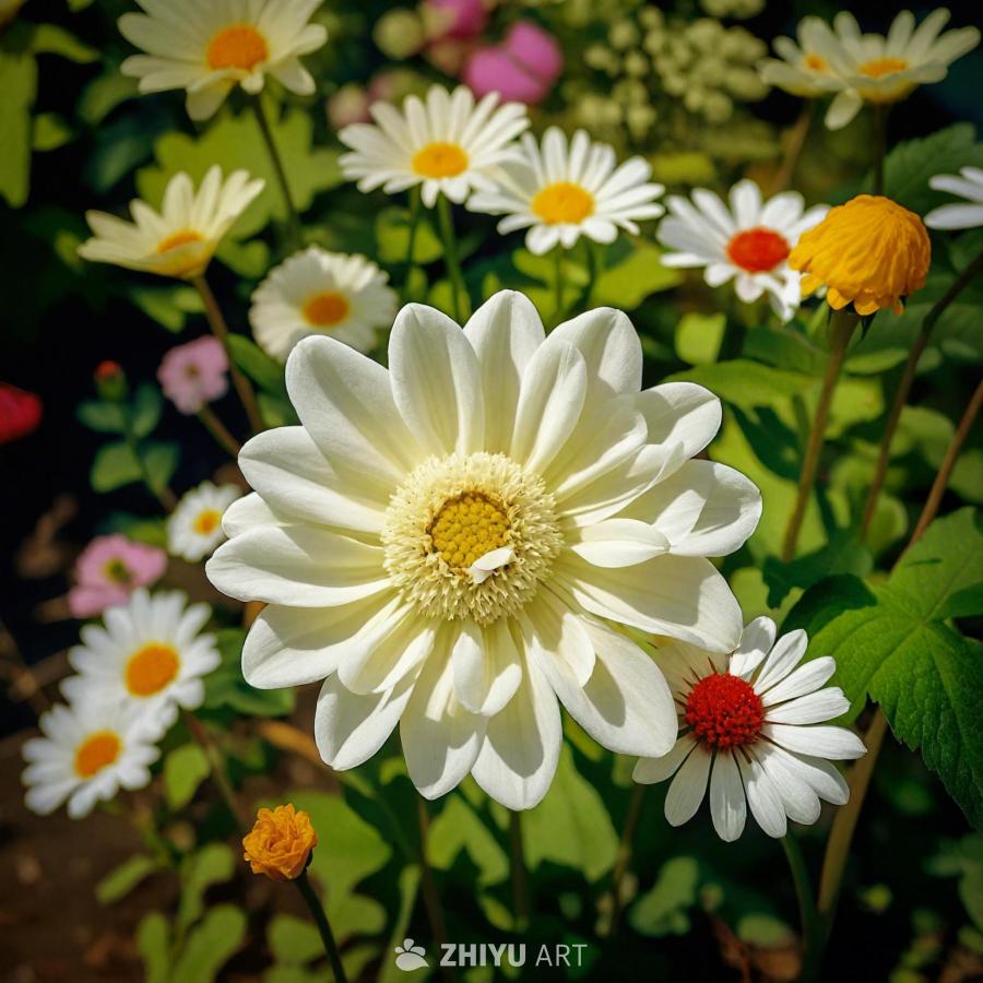 白色花朵是画面的主要焦点。它被各种其他花朵围绕，呈