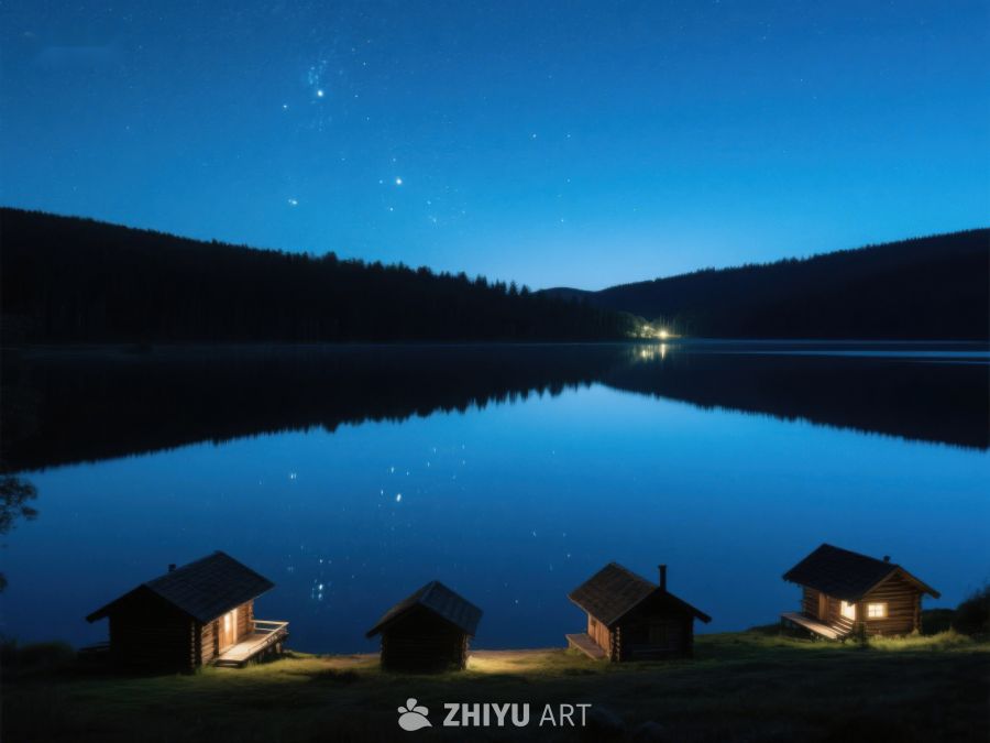 湖畔夜景中的小木屋 36