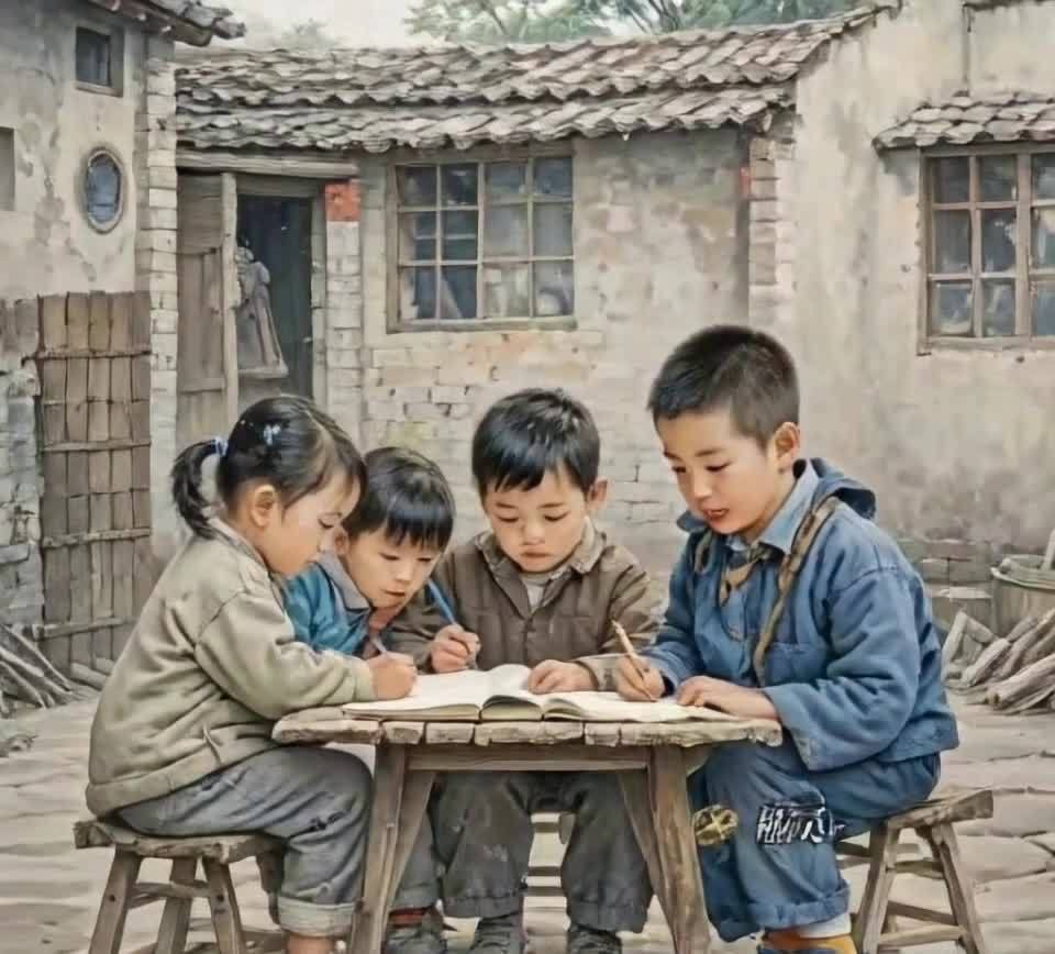 四个孩子坐在木桌旁，似乎在写字或画画。他们坐在木凳