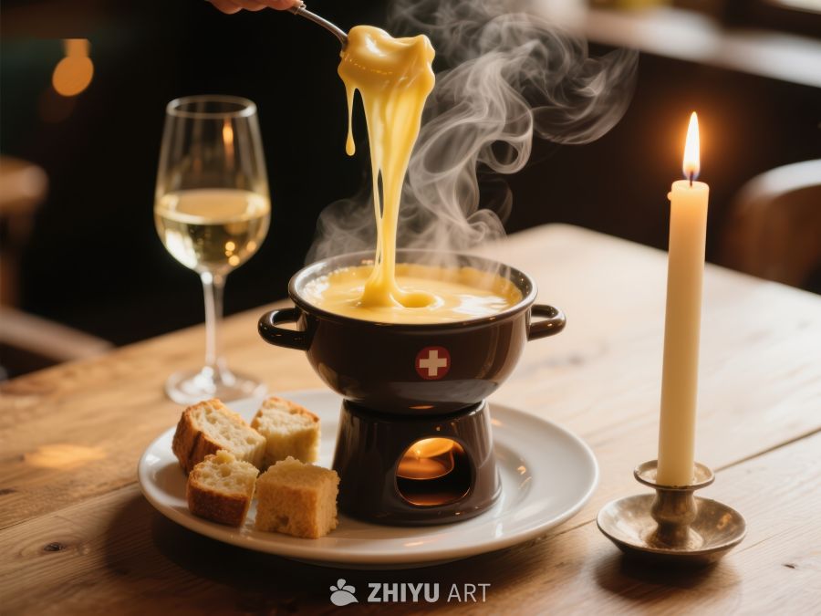 热气腾腾的奶酪火锅配面包和白葡萄酒 490