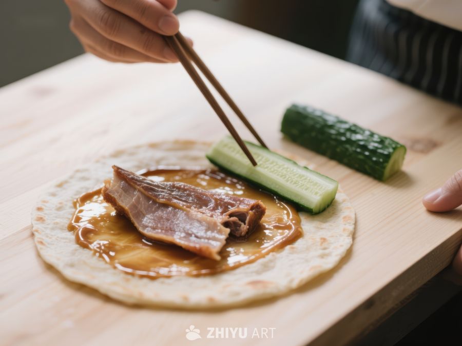 筷子夹肉，搭配黄瓜与酱汁的美食 605
