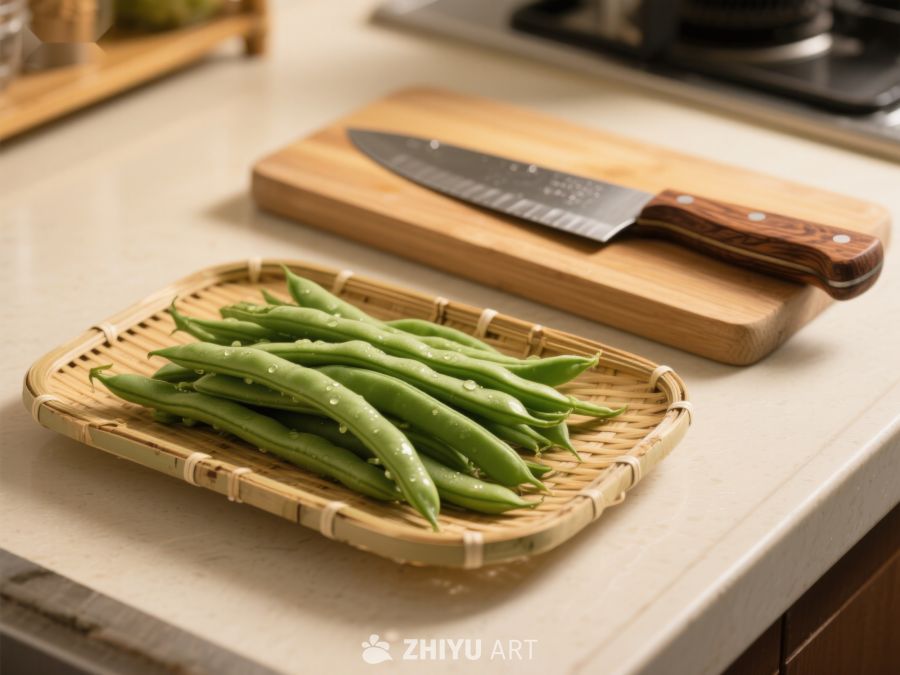 新鲜四季豆置于竹篮，旁配刀具砧板 534