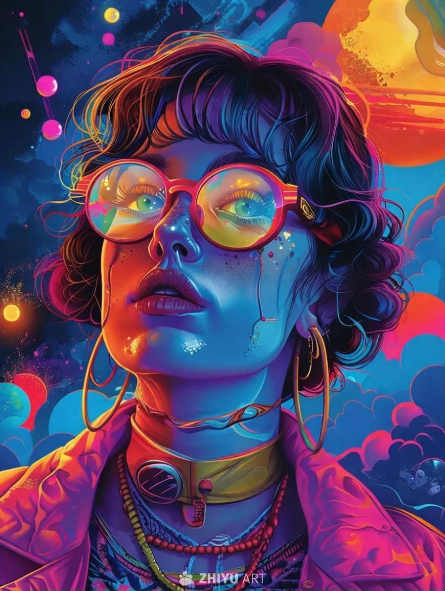 一位戴着红色眼镜的女性，皮肤是蓝色的，眼角有彩色的