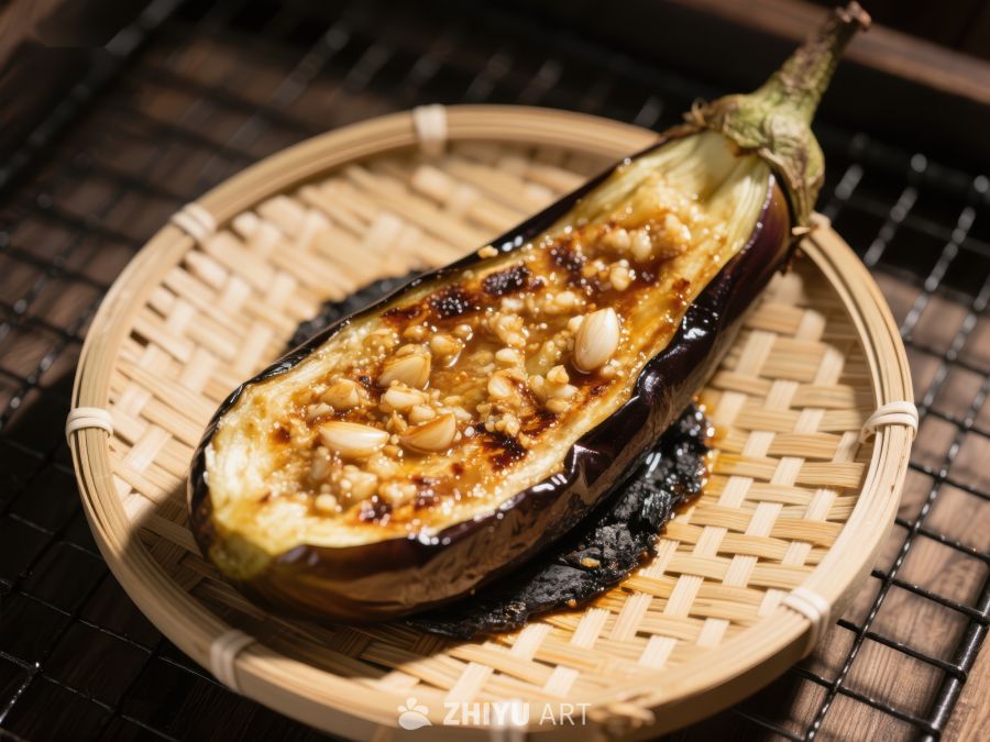 烤茄子配蒜蓉，竹篮盛装 572