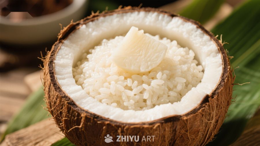 椰壳盛装米饭与椰肉