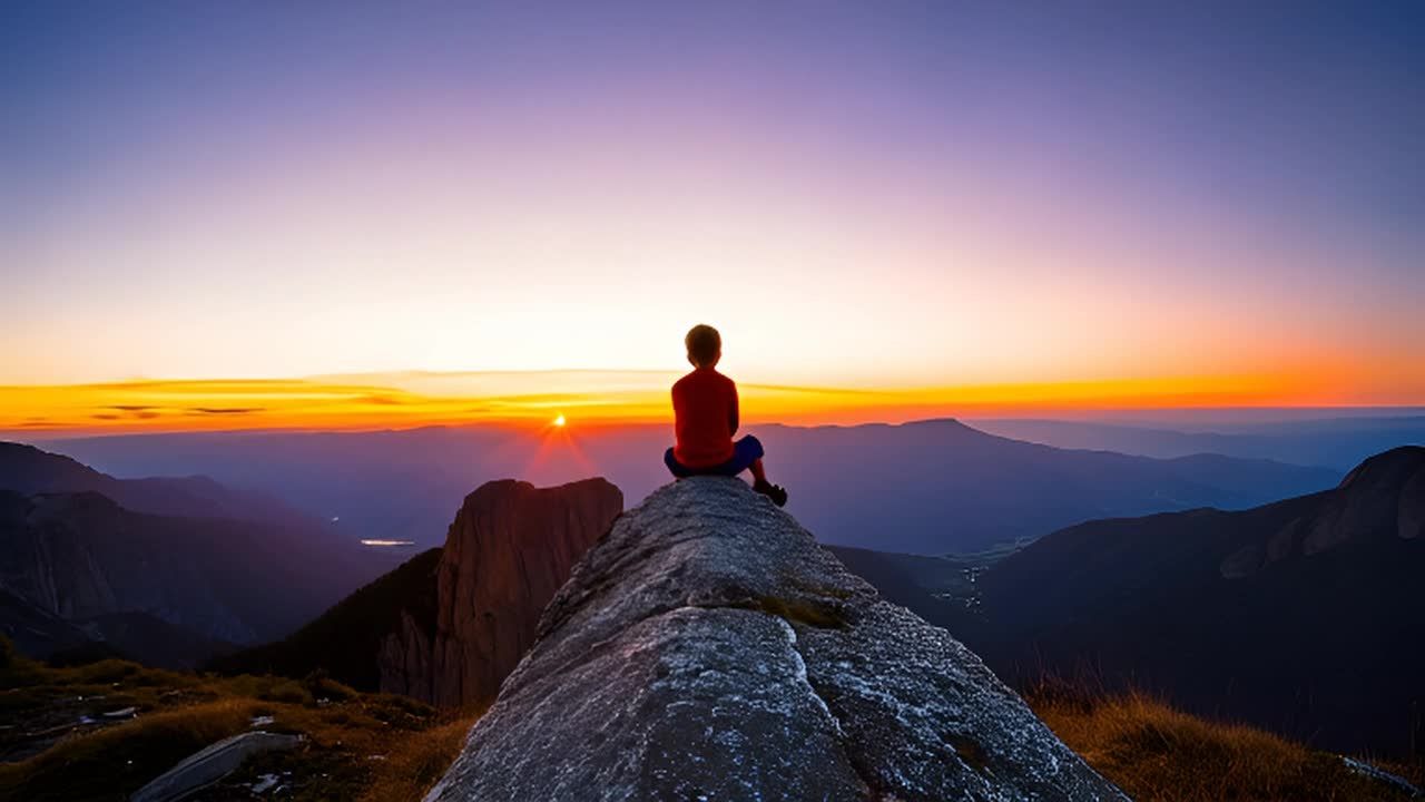 一个男孩坐在山顶的石头上。太阳正在升起和落下，在场