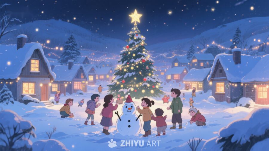 冬夜雪地里的圣诞树与欢聚 84