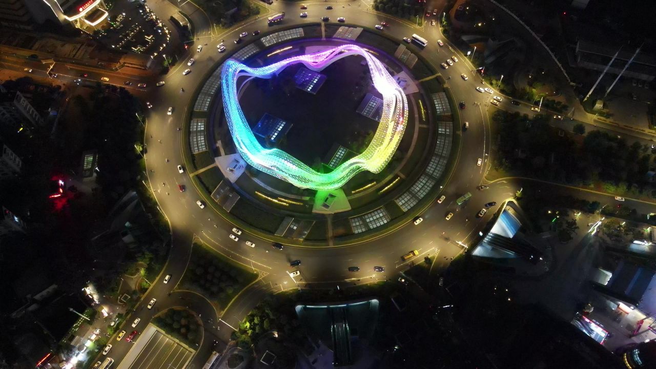 湖北武汉光谷广场夜景交通转盘航拍