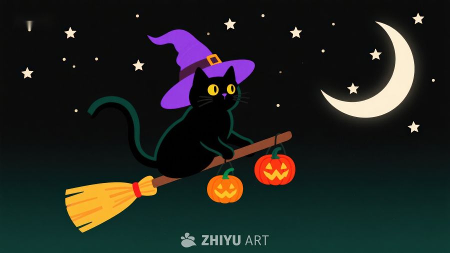 万圣夜猫巫骑帚