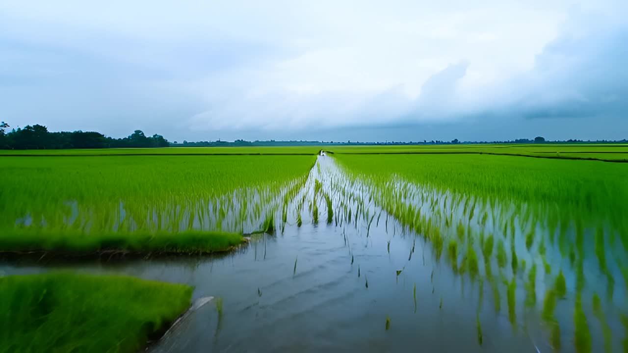 稻田被水淹没，呈现出一片翠绿色。天空布满乌云，预示
