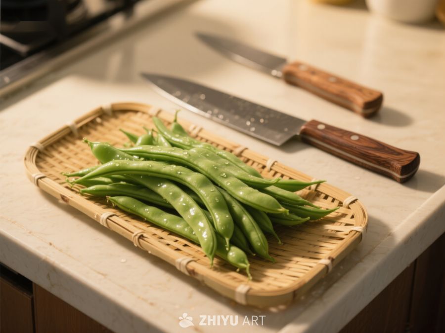 新鲜豆荚置于竹篮，旁配两把刀具 426
