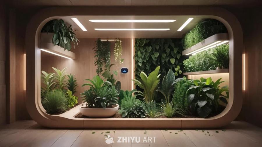 一个室内花园，其中包含各种植物。花园被木制框架围绕