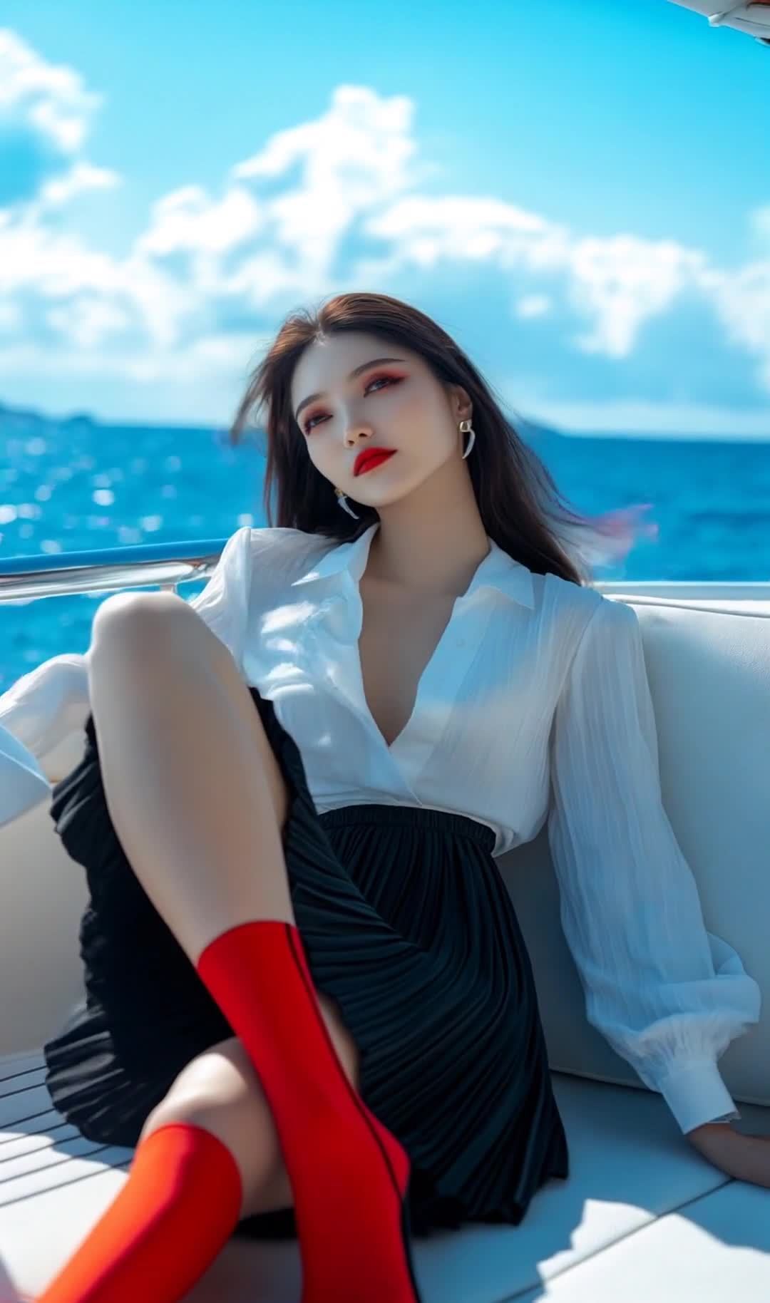 游艇上闭眼女子，红唇白衣黑裙红袜，蓝海晴天。
