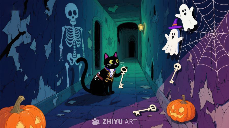万圣节夜景：黑猫探险神秘走廊