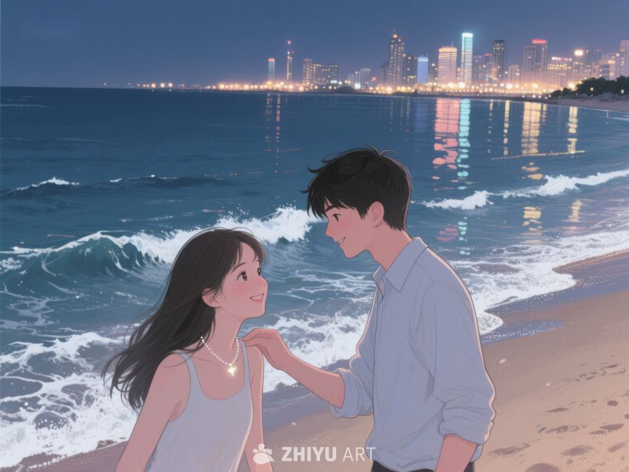 海边夜景下的情侣 269