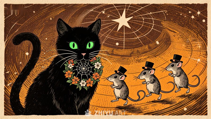 黑猫与戴帽老鼠的奇幻场景
