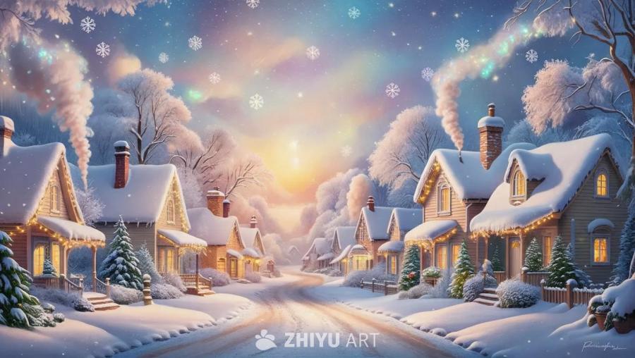被雪覆盖的小镇，雪花从天空中飘落。房屋的烟囱冒着烟