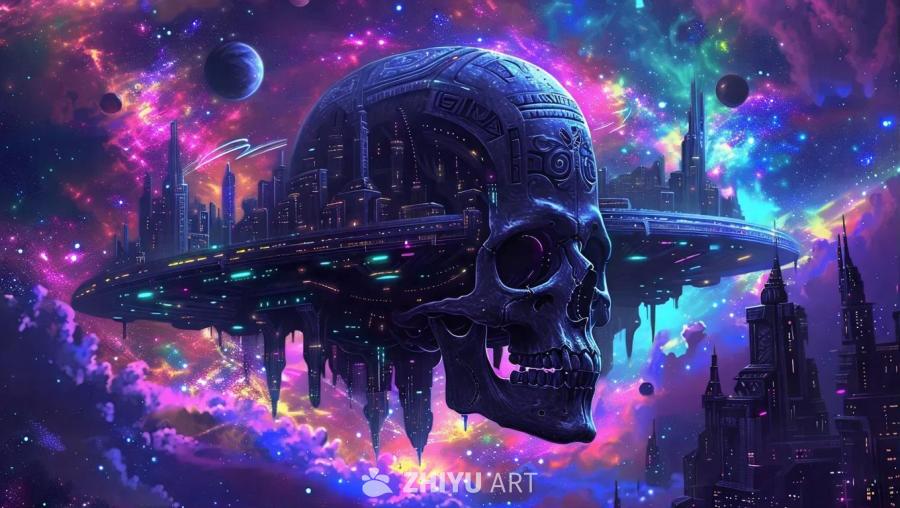 巨大的黑色外星神骨骼作为广阔大都市的宏伟基础，其手