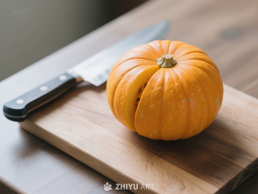 小南瓜置于砧板上，旁边放有刀具 409